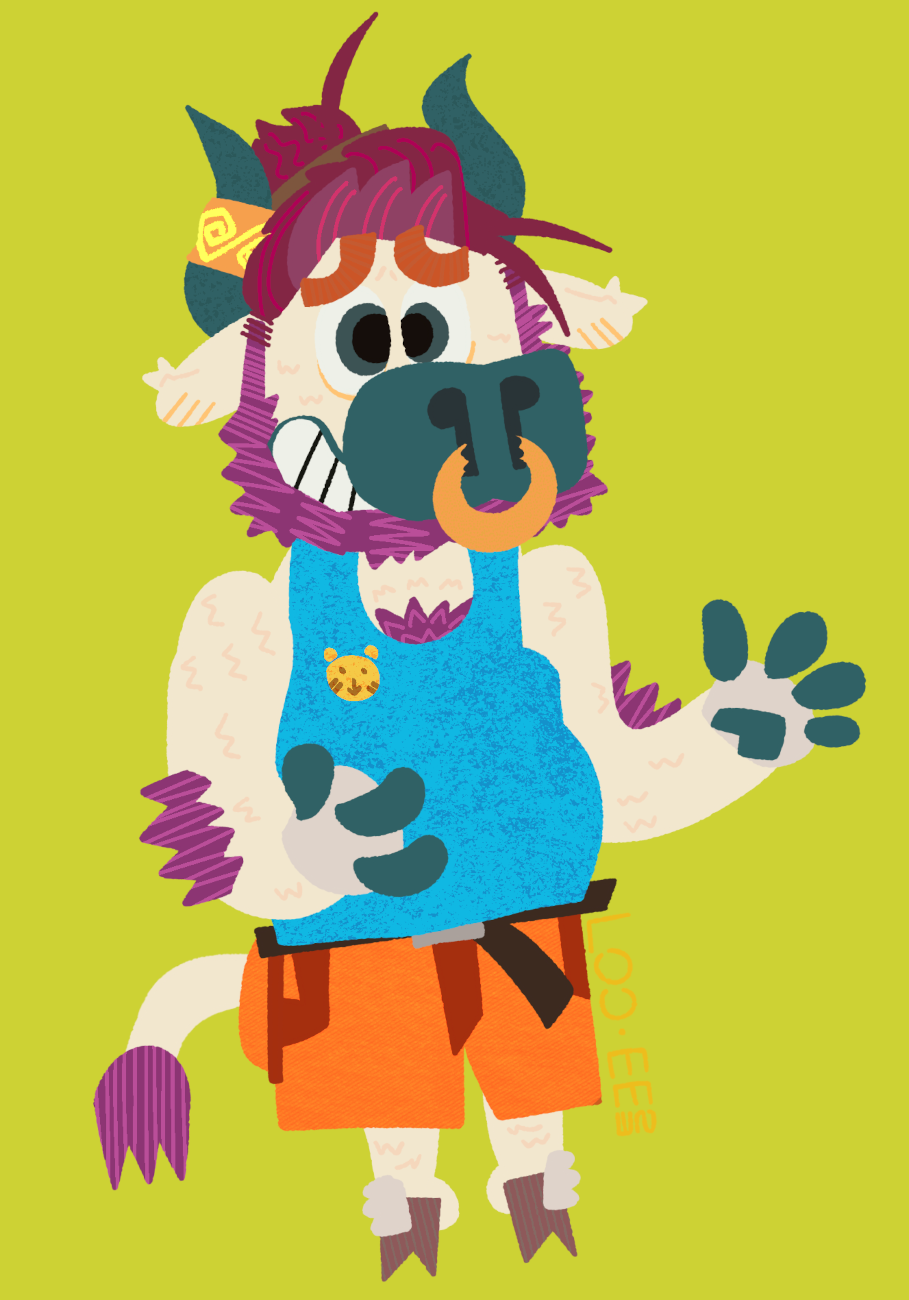 A stylised illustration of a male minotaur with aubergine-coloured hair in a messy bun, wearing a blue tank top and orange shorts. He's grinning nervously and waving.